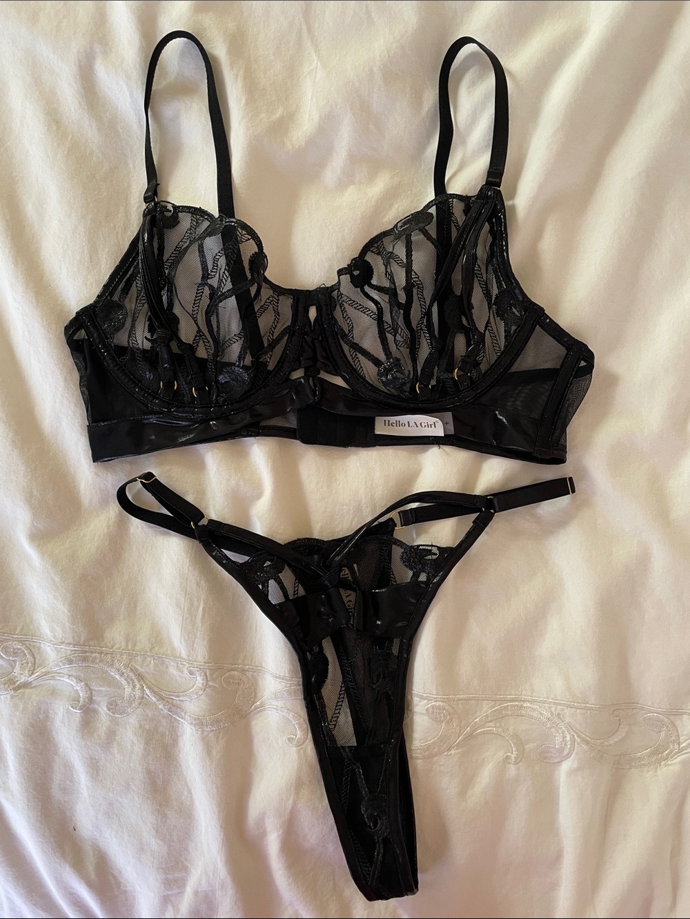 Hello.LA.Girl Black Sheer Lace Embroidered Sexy Bra & Panties Set